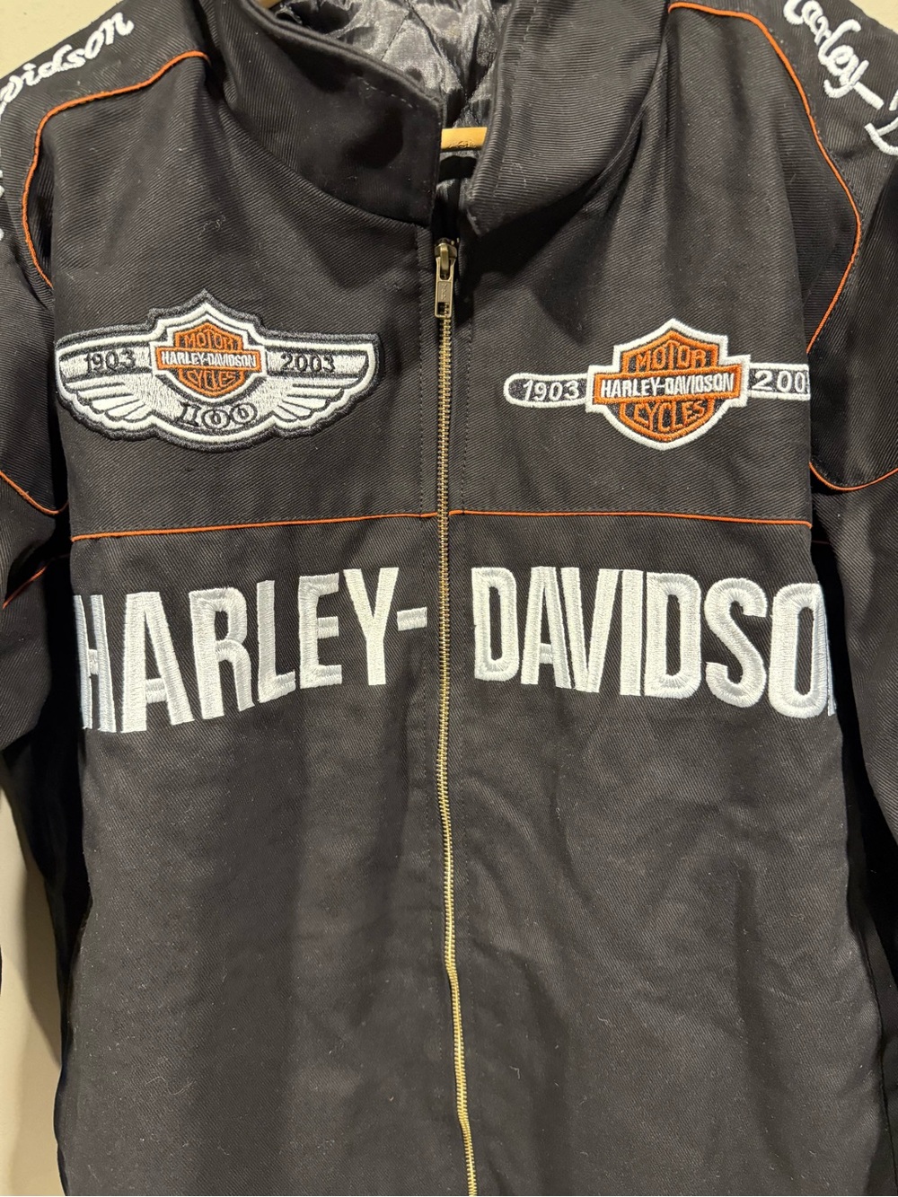 Harley-Davidson inspired motorcycle denim racing Jacket script Logo Accents NWOT image 4